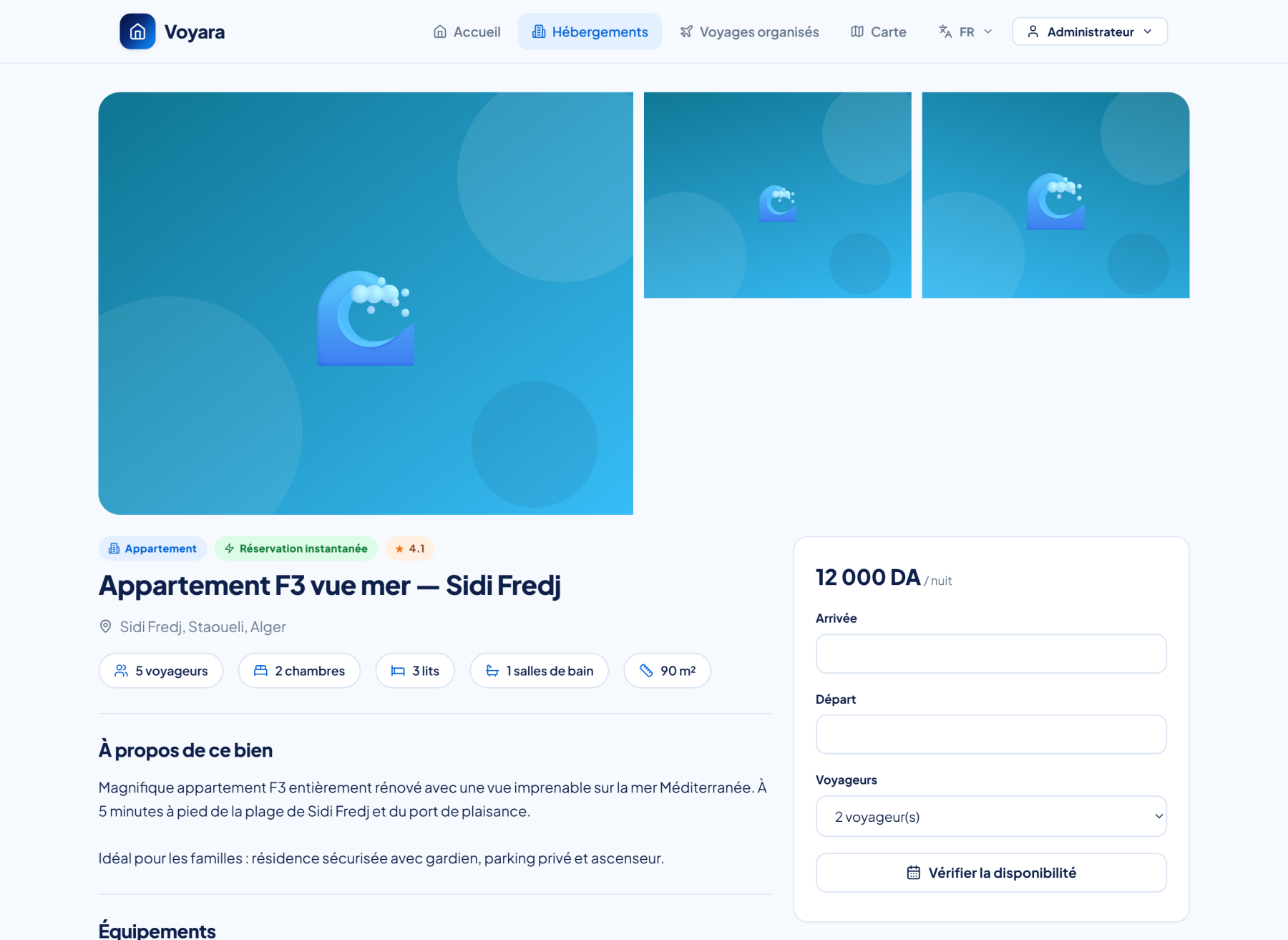 Fiche d'hébergement avec galerie et devis